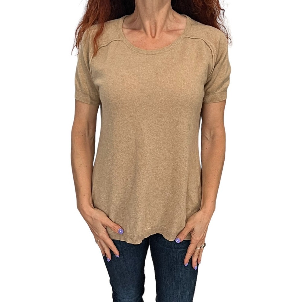 JENNIFER TATTANELLI CASINI ITALY CAMEL CASHMERE SHORT SLEEVE JUMPER SWEATER 50 L